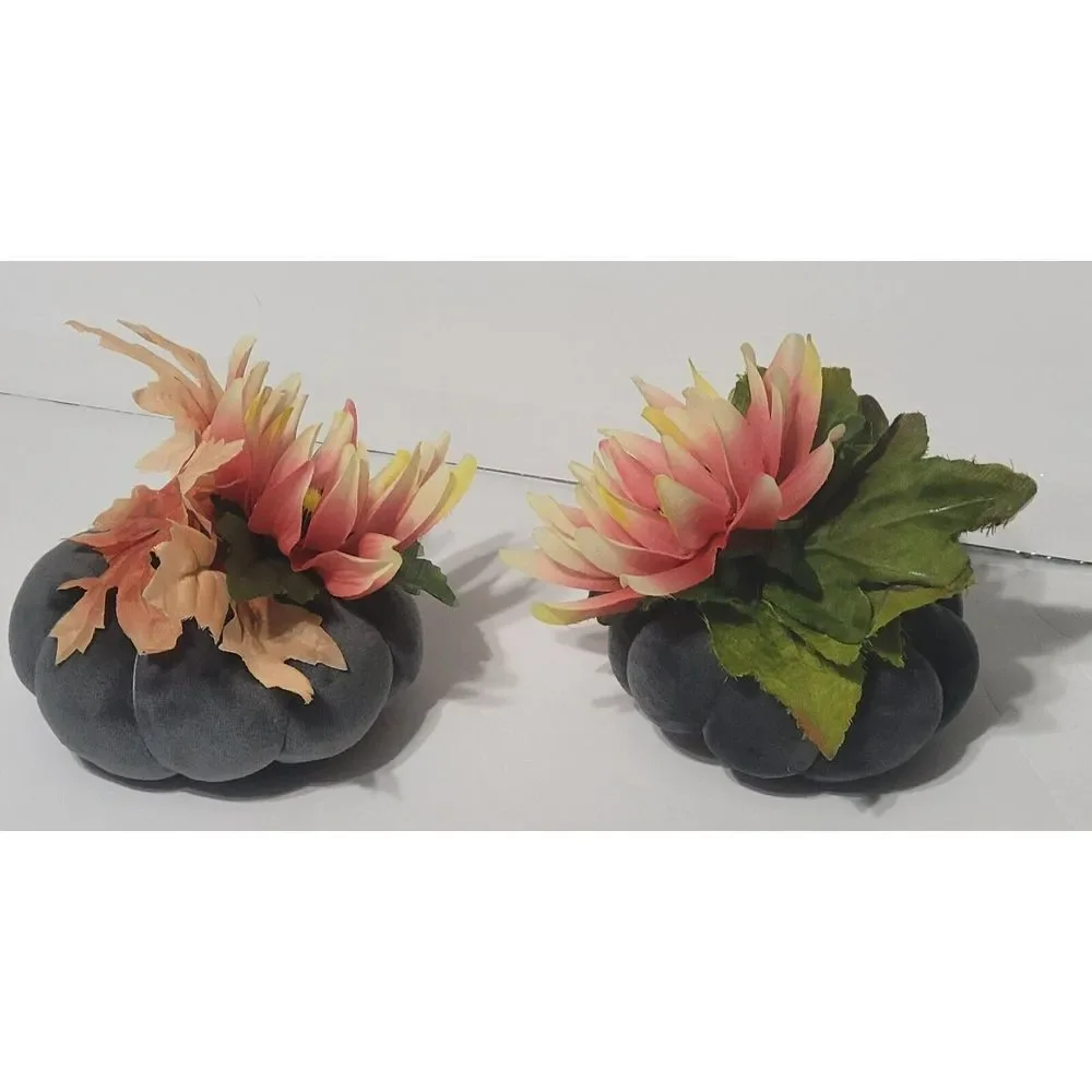 2 Gray Velvet Fabric Pumpkin Fall Floral Arrangements Home Centerpiece Decor